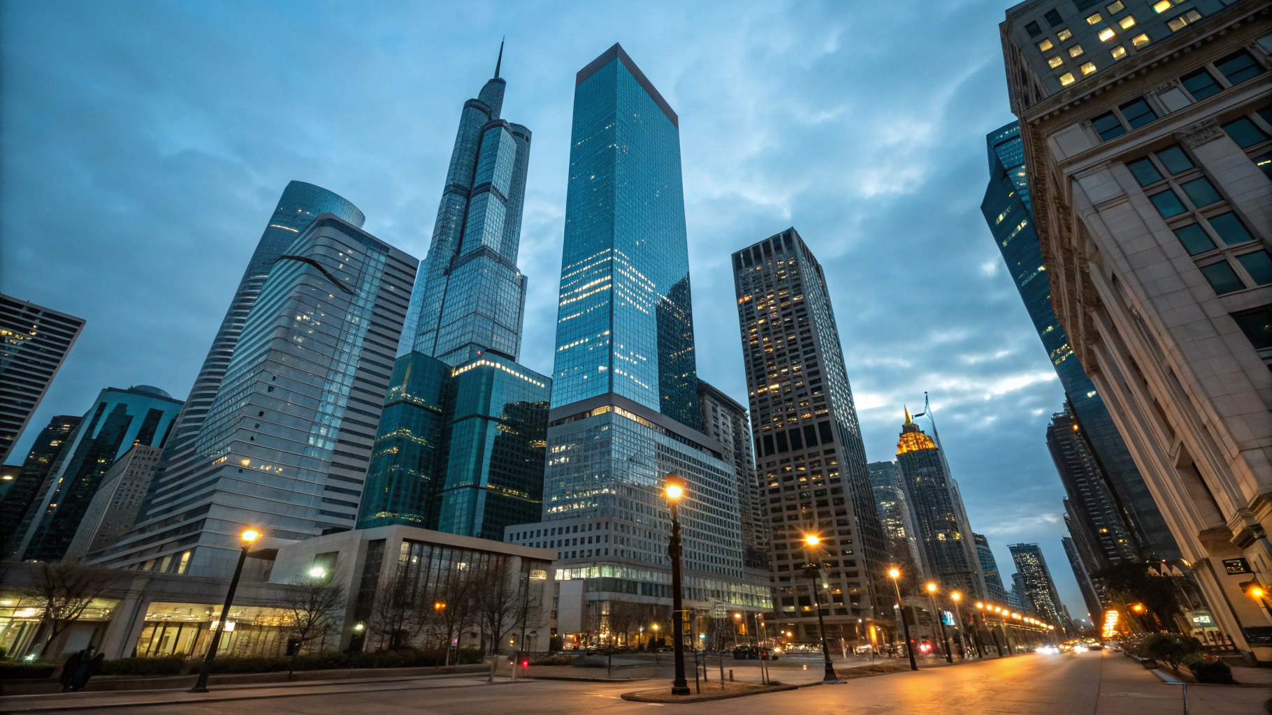 High-contrast architectural view of a modern financial district skyline at dusk